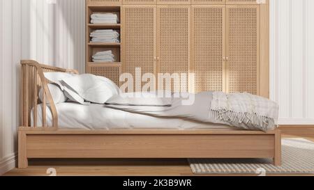 Camera scandinava in legno nei toni del bianco e del beige, letto matrimoniale con cuscini, piumone e coperta, carta da parati a righe, armadio in rattan, pavimento in parquet. S Foto Stock