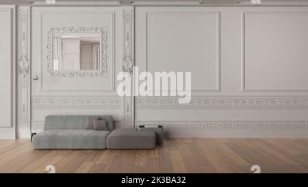 Mobili moderni in classico appartamento in tonalità bianche, soggiorno, divano moderno e pouf. Pareti in legno e intonaco. Sfondo con spazio di copia, Foto Stock
