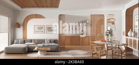 Vista panoramica della moderna cucina in legno, sala da pranzo e soggiorno in tonalità bianche, divano con moquette e tavolo con sedie, porta scorrevole. Finestra, parquet Foto Stock