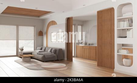 Moderna cucina in legno e soggiorno in tonalità bianche, divano in velluto con moquette e tavolino, porta scorrevole, ripiani. Grande finestra con persiane, parquet A. Foto Stock