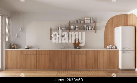 Cucina moderna e contemporanea in tonalità bianche, armadi in legno, lavabo con rubinetto e piano cottura a induzione, frigorifero vintage. Scaffali con ceramica. Finestre con Foto Stock