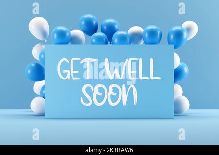 Segno blu con il messaggio OTTENERE BEN PRESTO incorniciato con palloncini. Biglietto di auguri per la guarigione di malattia. Rendering 3D. Foto Stock