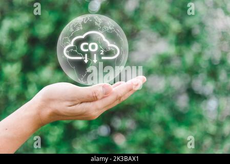 riduzione delle emissioni di co2 e cambiamento climatico sostenibile il concetto di energia verde riduce il biossido di carbonio ed è positivo per l'ambiente. Foto Stock