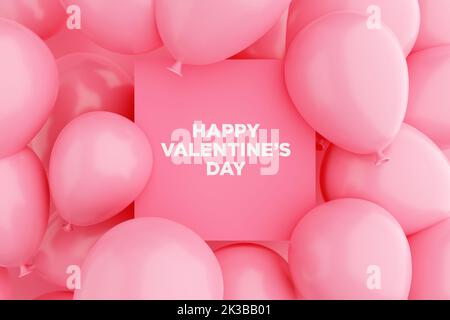 Cornice segno rosa con il messaggio BUON GIORNO DI SAN VALENTINO circondato da palloncini d'aria rosa. Buon giorno di San Valentino saluto celebrazione concetto. Rendering 3D Foto Stock