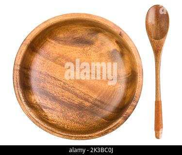 piatto di legno, ciotola, isolato su fondo bianco, percorso di ritaglio, profondità di campo completa Foto Stock