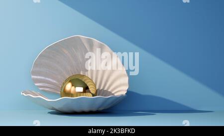 conchiglia aperta con perla dorata con spazio copia. rendering 3d Foto Stock