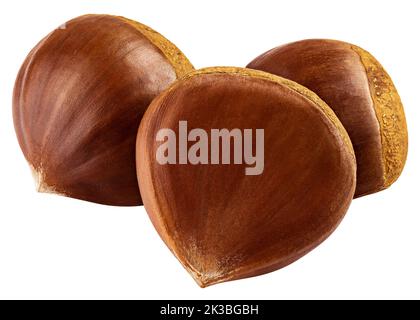 Castagne, isolate su sfondo bianco, percorso di ritaglio, profondità di campo completa Foto Stock