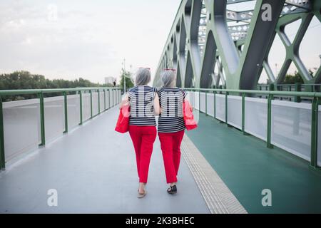 Vista posteriore dei gemelli degli anziani negli stessi vestiti che camminano in città, tornando dallo shopping. Foto Stock
