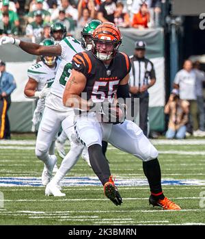 East Rutherford, New Jersey, Stati Uniti. 26th Set, 2022. Logan Wilson (55), linebacker di Cincinnati Bengals, effettua un'intercettazione su un pass destinato al ricevitore largo New York Jets Braxton Berrios (10) (non illustrato) durante una partita NFL al MetLife Stadium di East Rutherford, New Jersey domenica 25 settembre 2022. Cincinnati Bengals sconfisse i New Jets 27-12. Duncan Williams/CSM/Alamy Live News Foto Stock