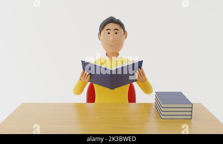 uomo che legge libro su sedia rossa nella stanza bianca, libri blu su tavola di legno.3d rendering. Foto Stock