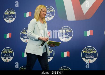 Roma, Italia. 26th Set, 2022. Roma, dichiarazioni della Presidente dei Fratelli d'Italia Giorgia Meloni al termine del turno elettorale che la vide vittoriosa contro il Centro sinistra. Foto: Giorgia Meloni Credit: Independent Photo Agency/Alamy Live News Foto Stock