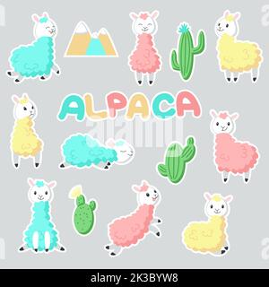 Adesivi simpatici alpaca. Vettore disegnato a mano divertente rosa, giallo, cartoni animati blu lama e cactus. Illustrazione Vettoriale