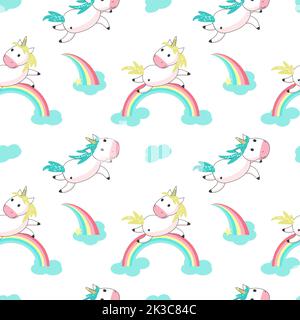 Modello unicorno magico senza cuciture. Vettore disegnato a mano volare unicorni romantici con arcobaleni e nuvole. Illustrazione Vettoriale