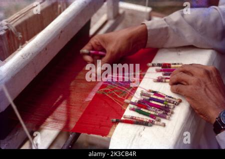 Paithani è un sari fatto di seta e zari. E' una tessitura semplice, con disegni figuranti a trama secondo i principi dell'arazzo. Tradizionalmente, Paithanis aveva un campo di mussola di cotone colorato che spesso conteneva notevole disegno zari supplementare. Tuttavia, nel 19th ° secolo, anche i campi di seta sono stati tessuti. La tecnica di tessitura Paitani, famosa per la sua arte e tradizione unica, ha un'eredità che si estende per secoli. Si tratta di una sarea di seta tessuta a mano con un ricco e ornamentale Zari (filo d'oro) Pallov (Pallu) e bordo, che è caratterizzato da bordi di un quadrato obliquo. Foto Stock