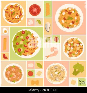 Illustrazione vettoriale delle insalate di pasta. Cartoni animati porzioni salutari di cibi diversi, piatti di pasta con salse su piatti per cena e pranzo, verdure e frutti di mare ingredienti in fondo collage quadrato Illustrazione Vettoriale