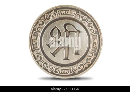 Shree, Ganpati o moneta d'argento ganesh isolato su sfondo bianco. Dio indiaan. Foto Stock