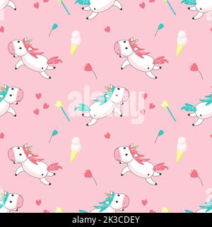 Modello unicorno magico senza cuciture. Vettori unicorni romantici disegnati a mano, coni gelato, fiori, cuori. Illustrazione Vettoriale
