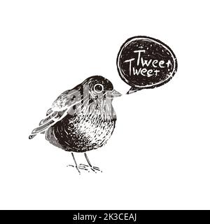 Carino piccolo uccello in stile retrò linocut, silhouette vintage di uccello con tweet speech bubble isolato su bianco Illustrazione Vettoriale