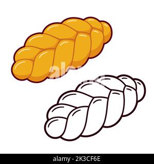 Challah, tradizionale pane intrecciato. Icona nera e con linea e disegno a colori. Illustrazione di clip vettoriali cartoni animati. Illustrazione Vettoriale