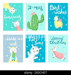 Carino alpaca biglietti di auguri di Natale. Allegro Natale carta modello vettore per bambini con fiocchi di neve, divertente colore lama con cactus, scatole regalo, ha Illustrazione Vettoriale