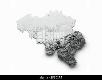 Il rendering 3D della mappa del Belgio con rilievo ombreggiato grigio isolato su sfondo bianco. Foto Stock