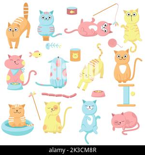 Carino gatto icona set, vettore disegno a mano illustrazione. Gattini divertenti leccare, meowing giocare e mangiare, cibo per animali domestici e accessori. Biglietto d'auguri, invitat Illustrazione Vettoriale