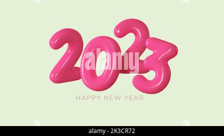 Felice anno nuovo 2023. Numero rosa di plastica in forma di palloncini. Rendering 3D realistico. Illustrazione vettoriale Illustrazione Vettoriale