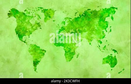 Mappa del mondo in verde acquerello pittura abstract splatters su carta. Foto Stock