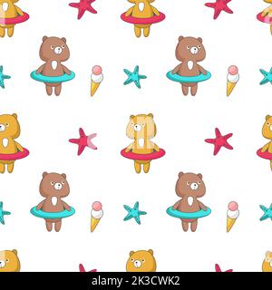 Modello estivo senza cuciture. Vettori disegnati a mano orsi divertenti, coni gelato e stelle pesche. Illustrazione Vettoriale