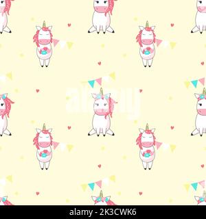 Modello unicorno magico senza cuciture. Unicorni disegnati a mano vettore con cuori, stelle e bandiere a corda decorazioni di partito. Illustrazione Vettoriale
