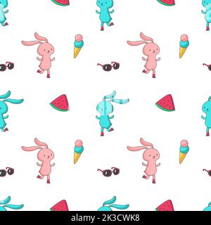 Modello estivo senza cuciture. Coniglietti disegnati a mano Vector, occhiali da sole, coni gelato e fette di cocomero. Illustrazione Vettoriale
