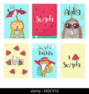 Set di carte estive, disegno vettoriale a mano. Ciao estate, aloha, mi piace l'estate, le vacanze estive lettering e carino animali scoiattolo, riccio volpe Illustrazione Vettoriale