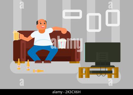 Illustrazione vettoriale dell'uomo dei cartoni animati che guarda la TV bere birra e mangiare popcorn mentre si siede sul divano nel soggiorno. Design piatto. Illustrazione Vettoriale