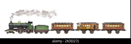 Treno giocattolo vintage per passeggeri arrugginito e intemperie con locomotiva isolata su sfondo bianco Foto Stock