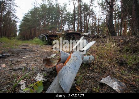 REGIONE DI KHARKIV, UCRAINA - 24 SETTEMBRE 2022 - i resti di veicoli militari russi distrutti dalle forze armate ucraine sono raffigurati a Kharki Foto Stock