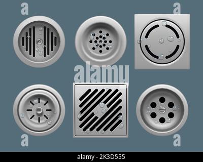 Scarichi dell'acqua. Forma rotonda in metallo per proteggere il lavello o il bacino dai rifiuti decent vector drain liquidi modelli realistici Illustrazione Vettoriale