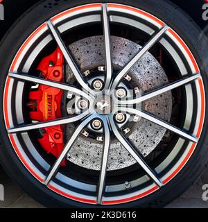 Particolare della lega Ferrari e del disco Brembo Foto Stock