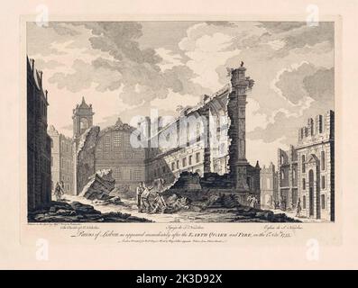 Sul posto il disegno fatto dopo il grande terremoto di Lisbona del novembre i, 1755. In Portogallo, Spagna e Marocco sono state uccise 40.000 - 50.000 persone, e lo tsunami che ne è risultato ha raggiunto l'Irlanda nel nord e forse il Brasile nell'ovest. Nella foto, le rovine della chiesa di San Nicola. Dopo una stampa contemporanea. Foto Stock