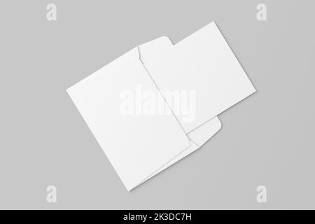 A4 A5 A6 Invitation Card piegata in orizzontale con busta 3D Mockup bianco rendering Foto Stock