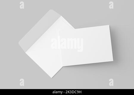 A4 A5 A6 Invitation Card piegata in orizzontale con busta 3D Mockup bianco rendering Foto Stock