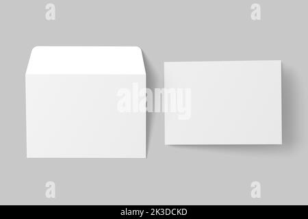 A4 A5 A6 Invitation Card piegata in orizzontale con busta 3D Mockup bianco rendering Foto Stock