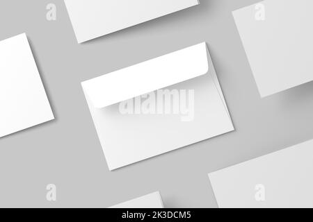 A4 A5 A6 Invitation Card piegata in orizzontale con busta 3D Mockup bianco rendering Foto Stock