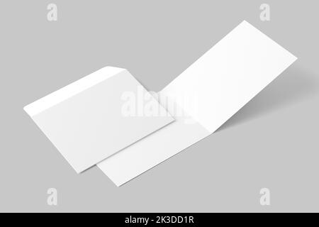 A4 A5 A6 Invitation Card piegata in orizzontale con busta 3D Mockup bianco rendering Foto Stock