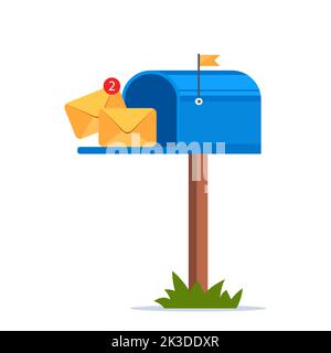 Mailbox con bandiera sollevata, con sportello aperto e lettere all'interno. Scatola postale blu con buste. Illustrazione vettoriale Illustrazione Vettoriale