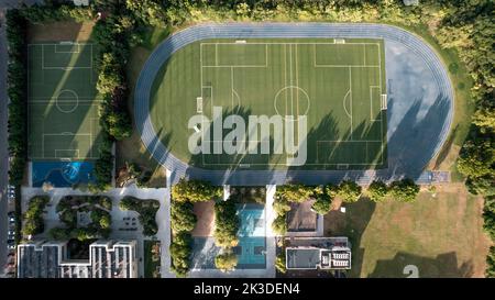 A bird's eye view of a big soccer stadium Foto Stock