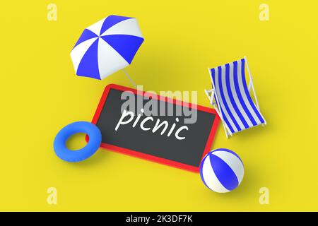 Iscrizione pic-nic sulla lavagna vicino a sdraio, palla, ombrello, lifboa. Vacanze estive. Concetto di viaggio. Tour turistico. rendering 3d Foto Stock