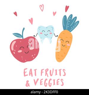 Poster disegnato a mano con felice carattere dente, mela e carota. Cartoon vettoriale illustrazione dei denti, concetto di cibo sano per tee forte e pulito Illustrazione Vettoriale