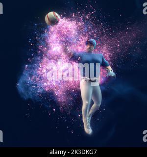 un giocatore di baseball che oscilla la palla che colpisce il club, raffigurato come un'esplosione di una nebulosa gialla, arancione e blu Foto Stock