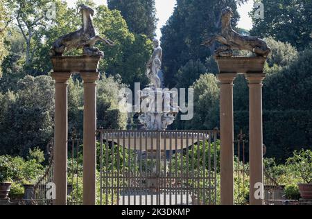 Vista sulla Fontana dell'Oceano sull'Isolotto nei Giardini di Boboli a Firenze. Foto Stock