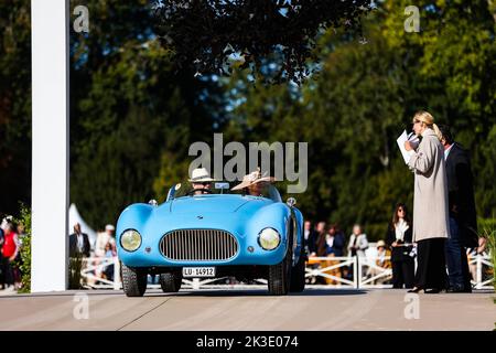 Talbot-Lago T26 GS Barchetta motto durante la 6th edizione del Chantilly Arts & Elegance - Richard Mille al Domaine du Château de Chantilly, dal 24 al 25 settembre 2025, a Chantilly, Francia - Foto Antonin Vincent / DPPI Foto Stock